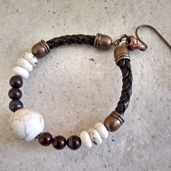 Rustic SouthWestern Flair! Leather + Jasper + Natural Howlite Hoop Earrings - Picture 2 of 7